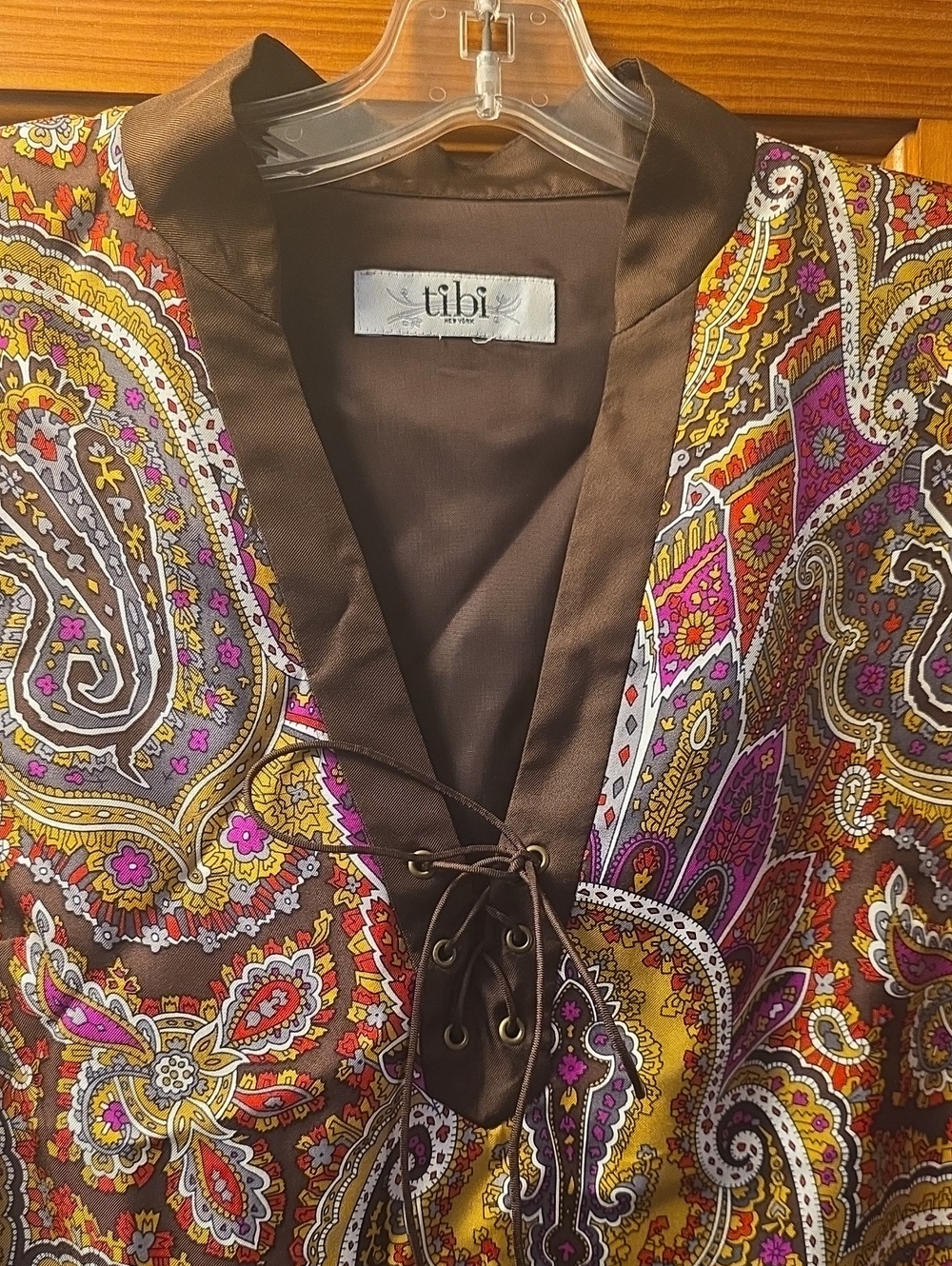 Tibi Multicolor Paisley Lace-Up Dress with Brown Satin Trim